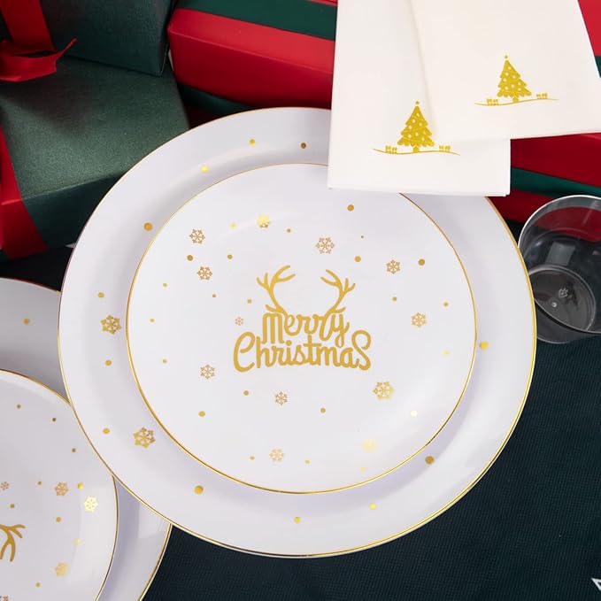 Nervure 175PCS Christmas Plastic Plates - White and Gold Disposable Plates & Gold Plastic Silverware with White Handle include 50 Plates 25Knives 25Forks 25Spoons 25Napkins for Christmas Party