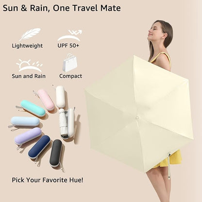 BAODINI Travel Essentials Mini Umbrella for Purse With Case Small Compact UV Sun Protection Lightweight Tiny Pocket Manual Open Close Umbrella for Women Kids and Men Fits Purse Backpack