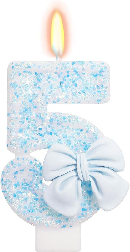 Birthday Candle for Cake, Blue Bow Number Candles, 2.76 inch Number, Cake Topper Decoration for Birthday Party (Number 5)