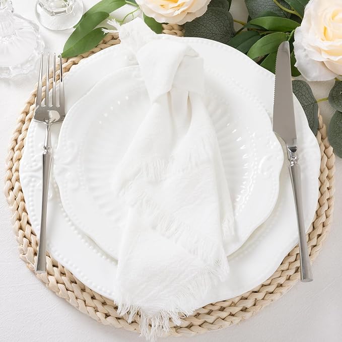 6 Pack Ivory White Cotton Linen Napkins with Fringe Christmas White Cloth Napkins Set of 6 Boho Handmade Holiday Napkins Bulk for Wedding Baby Shower Xmas Dinner Table Parties, 17 x 17 Inches