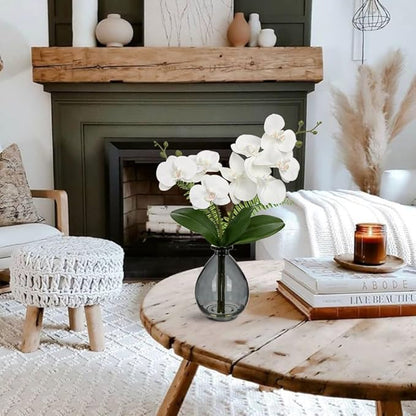 Oairse White Orchids Artificial Flowers, Faux Orchid in Glass Vase Real Touch Small Phalaenopsis Orchid Flowers Arrangements with Black Vase Orchids Centerpiece for Dining Room Table