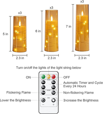 Raycare Flameless Candle with Remote Timer – 9 Flickering Acrylic Battery Operated LED Pillar Candles with Embedded Star String for Christmas, Home Decor, and as a Gift(Glod)