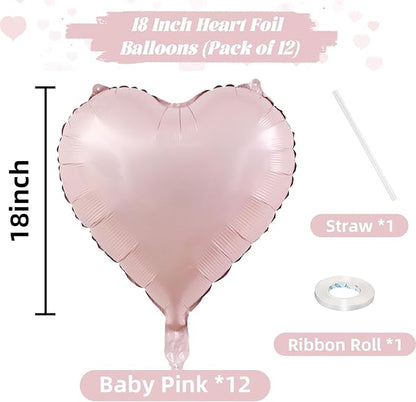 Baby Pink Heart Balloons, 18 Inch, 12Pcs Large Pearl Mylar, Pastel Helium Foil for Boho Girls Women Birthday Wedding Baby Shower Valentines