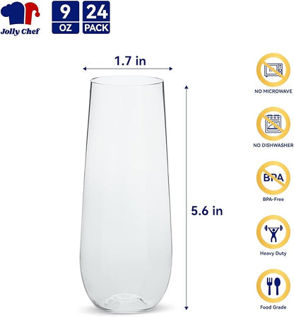 JOLLY CHEF 24 Pack Stemless Plastic Champagne Flutes 9 oz, Crystal Clear Stemless Plastic Toasting Glasses, Clear Disposable Unbreakable Drinkware Ideal for Wedding, Birthday, Party, Christmas