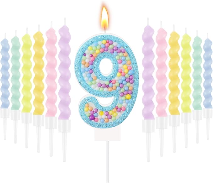MTLEE Number 9 Birthday Candle Macaron Glitter 3D Number Candle with 12 Pcs Rainbow Spiral Candles in Holders for Girl Boy Cake Topper Wedding Anniversary Pastel Sweet Theme Party Decoration
