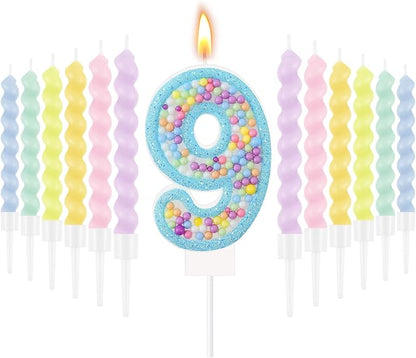 MTLEE Number 9 Birthday Candle Macaron Glitter 3D Number Candle with 12 Pcs Rainbow Spiral Candles in Holders for Girl Boy Cake Topper Wedding Anniversary Pastel Sweet Theme Party Decoration