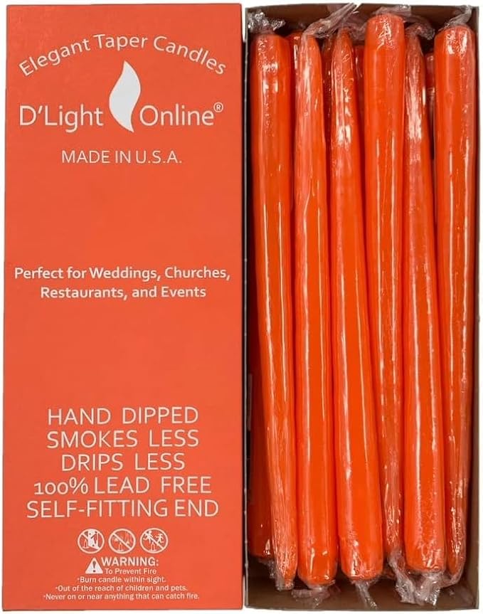 D'light Online Elegant 18" Unscented Orange Taper Candles, Premium Quality Hand-Dipped Tapered Candles, Dripless and Smokeless - Set of 12 Individually Wrapped (18 Inch, Orange)