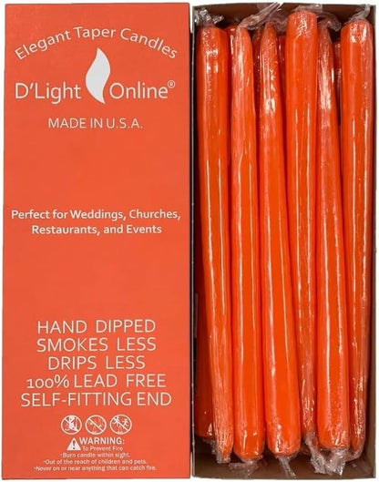 D'light Online Elegant 10" Unscented Orange Taper Candles, Premium Quality Hand-Dipped Tapered Candles, Dripless and Smokeless - Set of 12 Individually Wrapped (10 Inch, Orange)