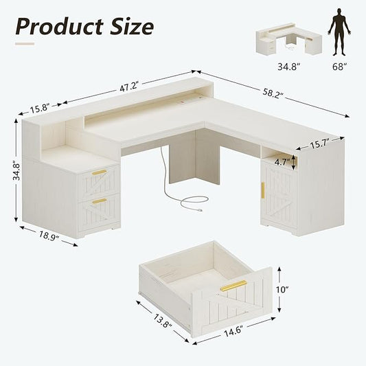 63" Farmhouse L Shaped Executive Desk with Drawers & Storage Shelf, Corner Computer Desk with Power Outlets, L Shaped Office Desk with Monitor Stand, Printer Shelf, White