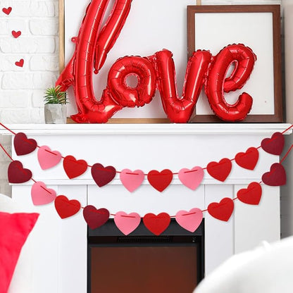 Valentines Day Decorations, Valentines Day Garland - Felt Heart Garland Banner for Mantle, Wall, Party Valentine Decorations - Hanging Hearts Decorations for Valentine Decor, 6 Strips