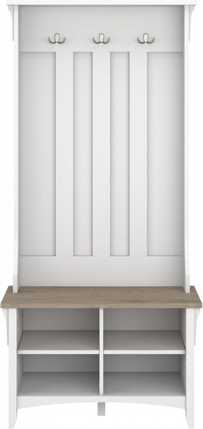 Bush Home Salinas Hall Tree with Shoe Storage Bench in Shiplap Gray and Pure White, Multi-Purpose Home Organizer, Entryway Solution with Seating and Hooks