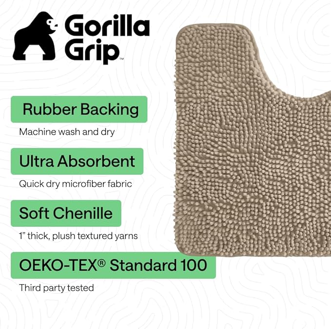 GORILLA GRIP Bathroom Rug Sets 3 Piece, Bath Mat Set and Oval Toilet Base with Rubber Backing, Plush Absorbent Shaggy Chenille Washable Mats, Includes 24x19.5, 24x17 and 30x20 Inch Rugs, Taupe