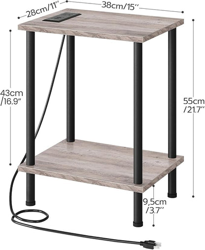 HOOBRO Side Table with Charging Station, End Table with USB Ports and Outlet, Nightstand with 2-Layer Storage Shelves for Small Spaces, Living Room, Bedroom, Stable Frame, Greige and Black BG09UBZ01