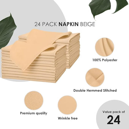 Beige Cloth Napkins Bulk (Pack of 24) - 100% Polyester Dinner Linen Napkins Cloth Washable & Reusable - Durable with Hemmed Edges - Ideal for Parties and Weddings (17x17 Inches)