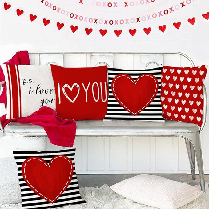 GEEORY Valentine's Day Pillow Covers 20 x 20 Inch Set of 4 - Red Black Stripes Love Heart I Love You Throw Pillows Decorative Cushion Cases for Valentine Decor