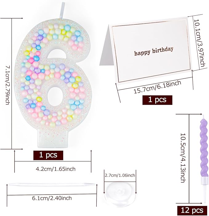 Number Birthday Candle with 12PCS Spiral Candles and A Birthday Card - Perfect for Celebrating Birthdays (Macaron Glitter, Number 6)