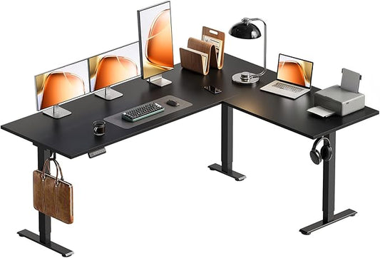 OffiGo 63 Inch Reversible L Shaped Electric Standing Desk, Height Adjustable Corner Stand up Desk, Ergonomic Large Lift Computer Table for Home, Office, Workstation, Black
