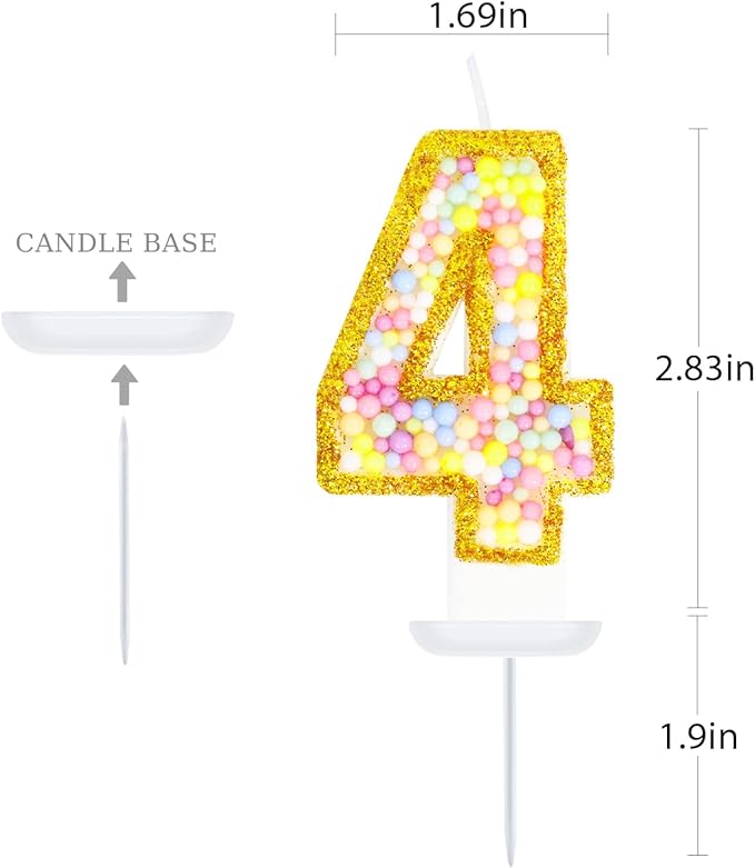 4th Birthday Candle for Cake, Colorful Macaron Numeral Candles for Boys/Girls, Birthday Party Cake Decorations, Golden Cake Topper for Birthday Party Supplies (Number 4)