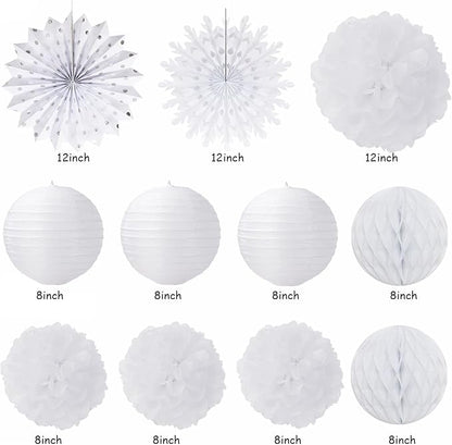 Winter-Wonderland Christmas-Snowflake White Party-Decorations - 21pcs Wedding Baby Shower Snow Banner,Paper Lanterns Honeycomb Streamers,Tissue Pom Poms Flower Fan,Classroom Hanging Decor Huglony