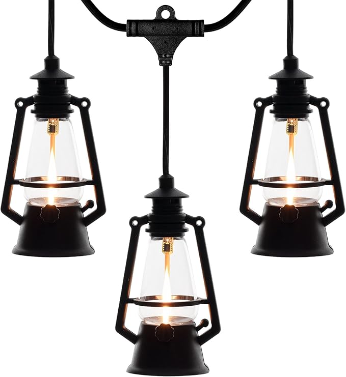 10 Light LED Flicker Flame Plastic Oil Lamp String Set, 20ft Black Wire – Indoor/Outdoor Vintage Flame Effect