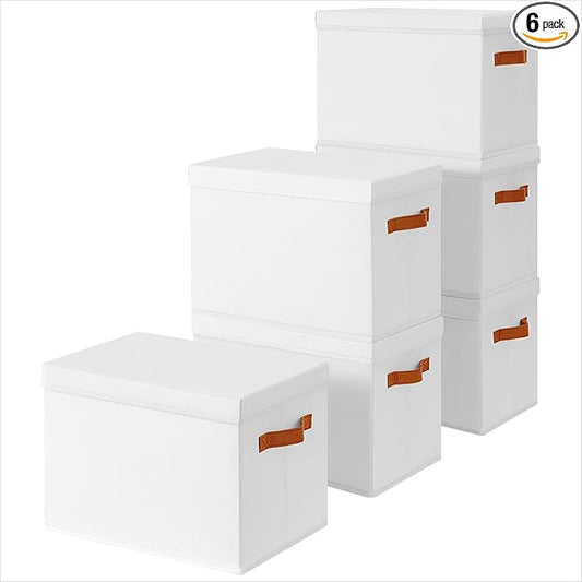 Storage Bins with Lids - Fabric Storage Baskets for Shelves, 6 Pack Foldable Decorative Boxes with Handles, Stackable Organizer Bins for Home, Nursery, Dorm, White
