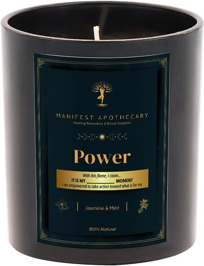 Power Aromatherapy Candle – Jasmine & Mint Scent with Pyrite Crystals – Hand-Poured Soy Candle for Confidence, Courage & Energy Alignment by Manifest Apothecary- Green (Power)