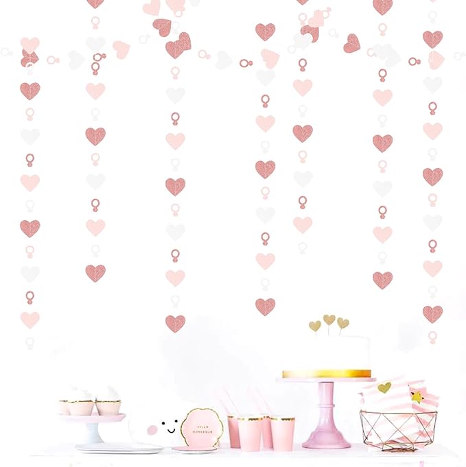 Rose-Gold Pink White Heart-Ring Garland - 52Ft Engagement Bachelorette Party Decorations Wedding Paper Streamers Banner,Galentines Proposal Decor Lasting Surprise