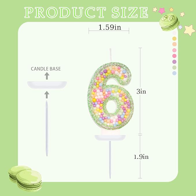 Birthday Candles - Number 6 Candle, Colorful Macaron Candles for Boys/Girls, Green Cake Decorations, Dinosaur Themed Party Supplies