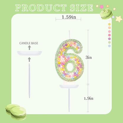 Birthday Candles - Number 6 Candle, Colorful Macaron Candles for Boys/Girls, Green Cake Decorations, Dinosaur Themed Party Supplies