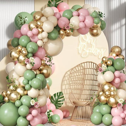 Sage Green Pink Balloon Garland Arch Kit 143pcs White Sand Chrome Gold and Pastel Balloons Garland for Girls Baby in Bloom Baby Shower Mothers Day Jungle Safari Boho Birthday Party Decorations