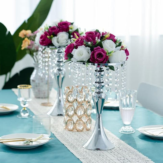 10pcs Silver Vases for Centerpieces Crystal Tabletop Metal Flower Vase Stand for Anniversary Ceremony Party Birthday Event Home Decorations