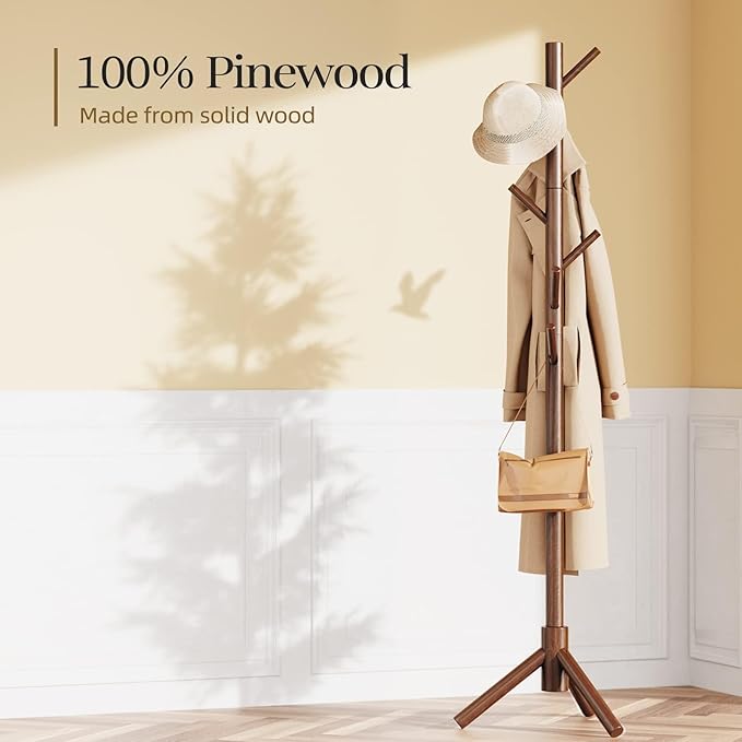 Pipishell Sturdy Wooden Coat Tree with 8 Hooks, 3 Adjustable Sizes for Clothes, Hat Stand Used in Bedroom/Office/Entryway, Brown