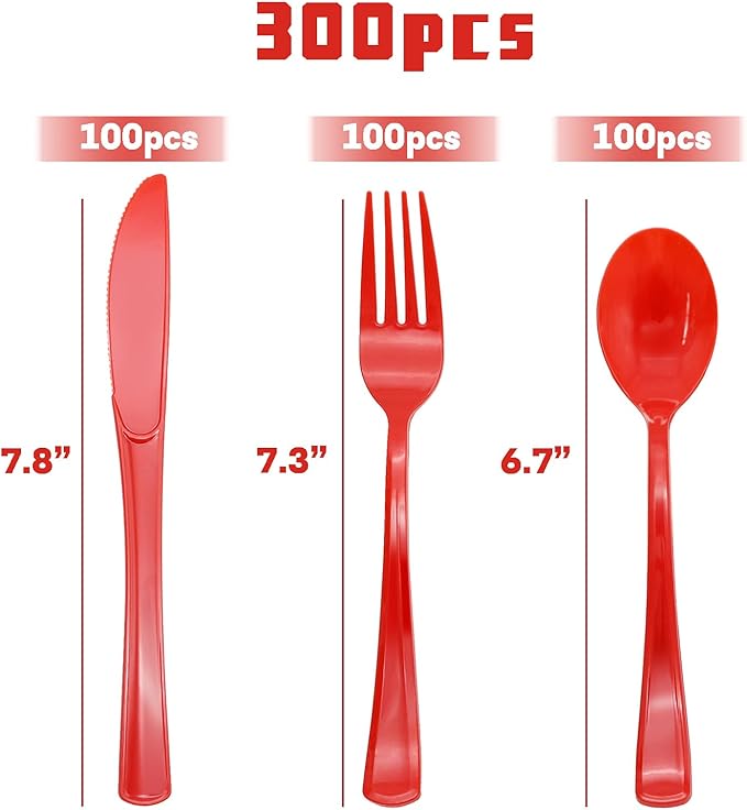 300 Pcs Red Plastic Silverware, Red Plastic Utensils, Disposable Cutlery Heavy Duty, 100 Forks, 100 Spoons, 100 Knives for Birthday, BBQ, Christmas