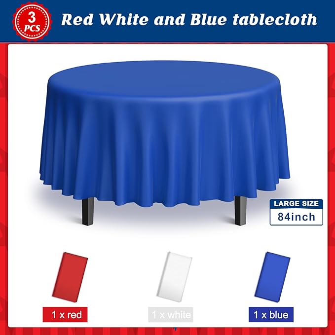 MASHAN 3 Pack 4th of July Plastic Tablecloth, Red White and Blue Patriotic Disposable Tablecloth, Waterproof Round Table Cover for Independence Day Memorial Day Veterans Day Decorations, 84 Inch