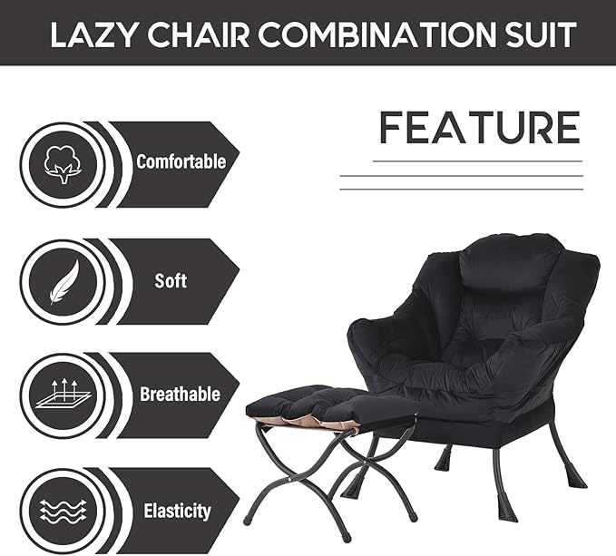 LITA Lazy Chair with Ottoman, Modern Accent Leisure Upholstered Sofa Chair, Contemporary Lounge Reading Chairs with Armrests and a Side Pocket for Living Room, Bedroom & Small Space, Black