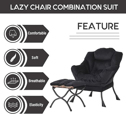 LITA Lazy Chair with Ottoman, Modern Accent Leisure Upholstered Sofa Chair, Contemporary Lounge Reading Chairs with Armrests and a Side Pocket for Living Room, Bedroom & Small Space, Black