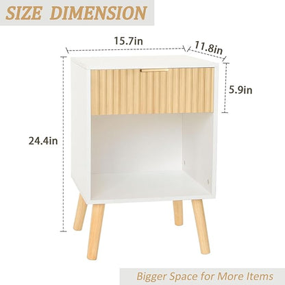 Nightstand, Modern Bedside Table with Drawer and Open Shelf, Fluted Night Stand with Solid Wood Legs for Bedroom, Living Room, Office (White Oak)