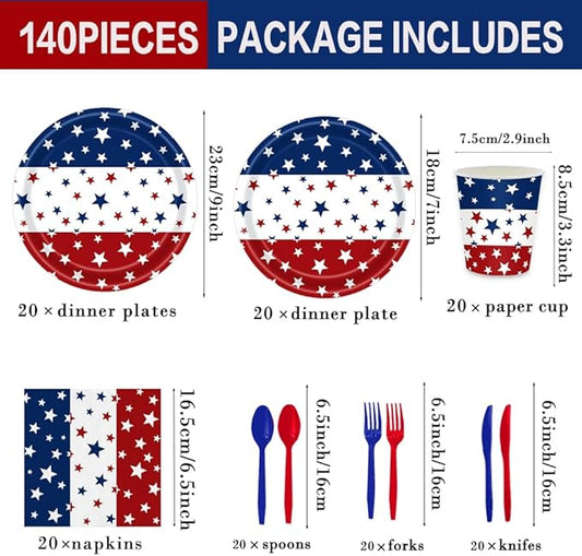140Pcs Independence Day Party Supplies 4th of July Party Decorations Plates and Napkins Patriotic Memorial Day Party Decor Star Print Paper Plates, Serve for 20