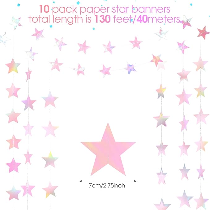 Patelai Glitter Star Garland Banner Christmas Decor 130 Feet Star Hanging Bunting Banner Twinkle Backdrop for Homecoming Classroom Wedding Birthday Halloween Party Supplies(Iridescent Pink)