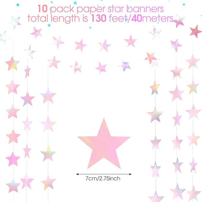 Patelai Glitter Star Garland Banner Christmas Decor 130 Feet Star Hanging Bunting Banner Twinkle Backdrop for Homecoming Classroom Wedding Birthday Halloween Party Supplies(Iridescent Pink)