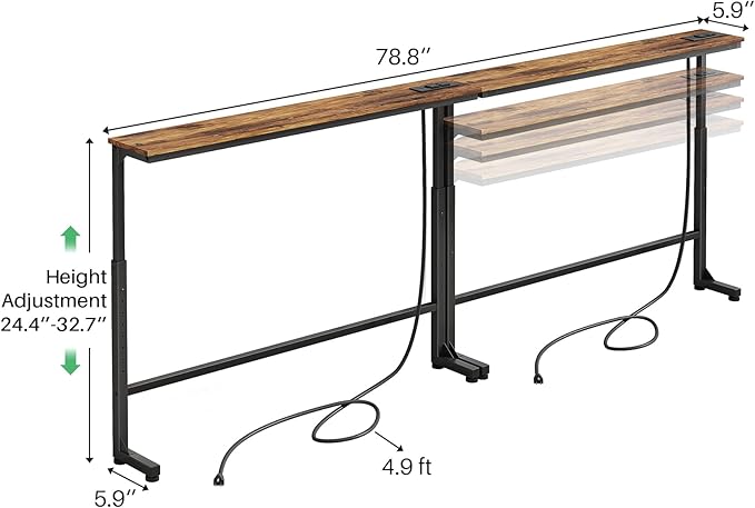 Kitstorack 2-Pack Narrow Console Table with Adjustable Height (25"-33") & 2 Power Outlets, Skinny Behind Couch Table, 78.8" Long x 5.9" Wide Sofa Side Table for Living Room, Rustic Brown | 2-Pack, Behind Sofa Couch