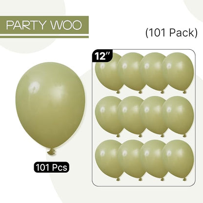 PartyWoo Sage Green Balloons 101pcs 12 Inch Olive Boho Green Latex Helium Balloons for Birthday Baby Shower Graduation Wedding Dinosaur Jungle Golf Football Baseball Theme Party Decorations Green-F11