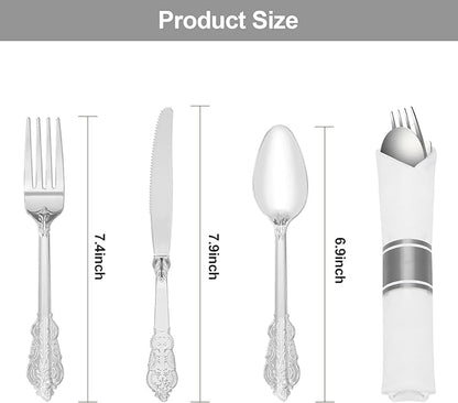 100 Pack Silver Plastic Silverware with Pre Rolled Napkins for 100 Guests, Silver Disposable Utensils Sets Includes 300 Plastic Cutlery, and 100 Napkins for Party & Wedding