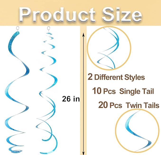 30 pcs Blue Hanging Swirl Decorations Swirls Party Decorations Plastic Party Streamer for Ceiling, 26"