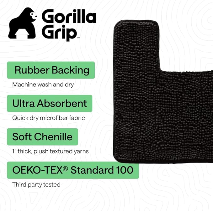 GORILLA GRIP Bathroom Rug Sets, Soft Chenille 2 Piece Area Rugs Set, Toilet Base Mat and 30x20 Carpet, Absorbent Microfiber Washable Mats Dry Quickly, Home Décor and Bath Room Accessories, Black