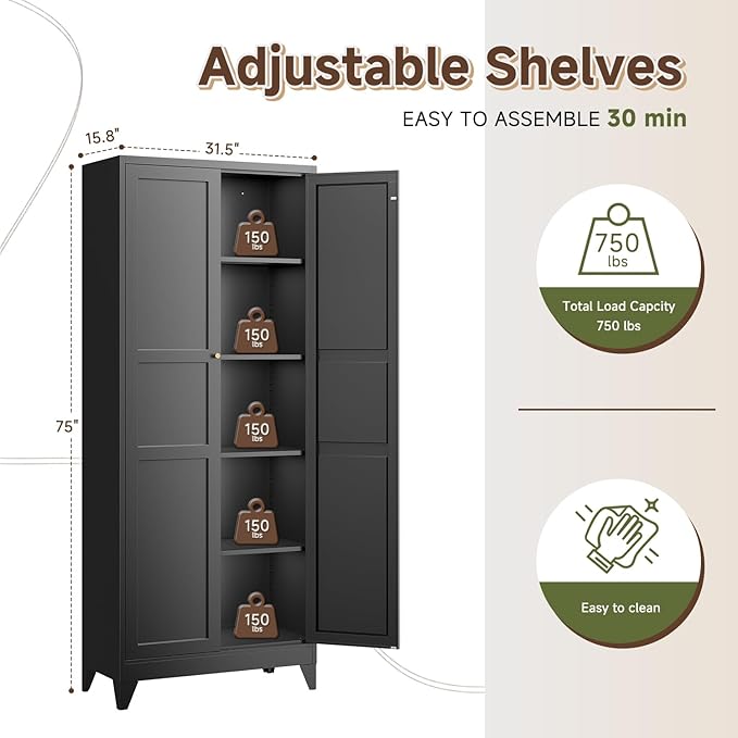 Letaya 75" H Metal Storage Cabinet with 2 Doors and 4 Shelves,Tall Kitchen Pantry Cabinets,Farmhouse Utility Pantry Organizers for Cupboard/Dining/Bathroom/Home Office/Garage Room,Black