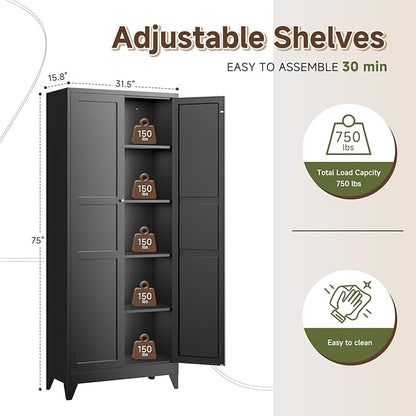 Letaya 75" H Metal Storage Cabinet with 2 Doors and 4 Shelves,Tall Kitchen Pantry Cabinets,Farmhouse Utility Pantry Organizers for Cupboard/Dining/Bathroom/Home Office/Garage Room,Black