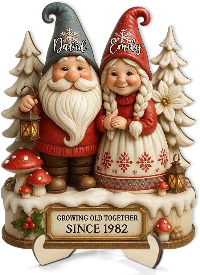 Growing Old Together Gnomes Wooden Sign, Gifts for Him Her Wife Husband, Personalized Wood Plaque Anniversary Couples Gift, Valentine Christmas Gift For Parents, Grandparents Decorations Sign 31