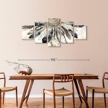 ElephantStock - Necklace Of Feathers Iii Wall Art - Horizontal Multi Panel Canvas - 5 Piece Living Room Wall Decor - Painting Multi Piece Wall Art - Brown And Gray Decor by Eva Watts - 80" x 36"