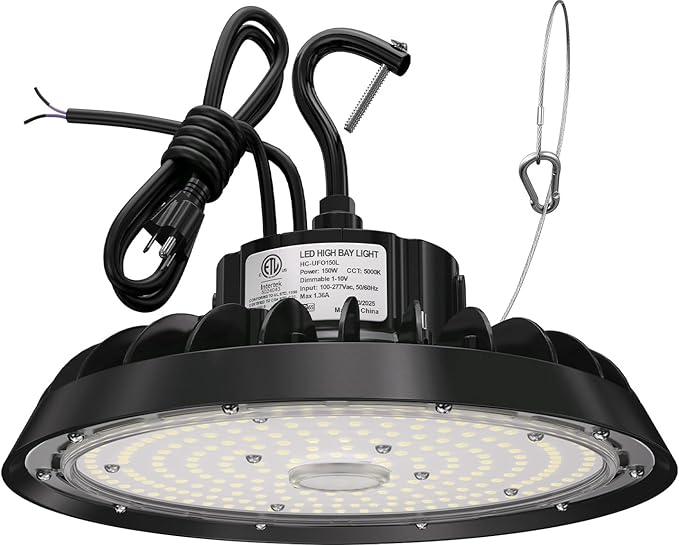 UFO Led High Bay Light 150W 120W 100W Adjustable 5000K 22500LM 1-10V Dimmable High Bay Led Lights ETL Listed US Hook 5' Cable Led High Bay Lighting for Factory Warehouse